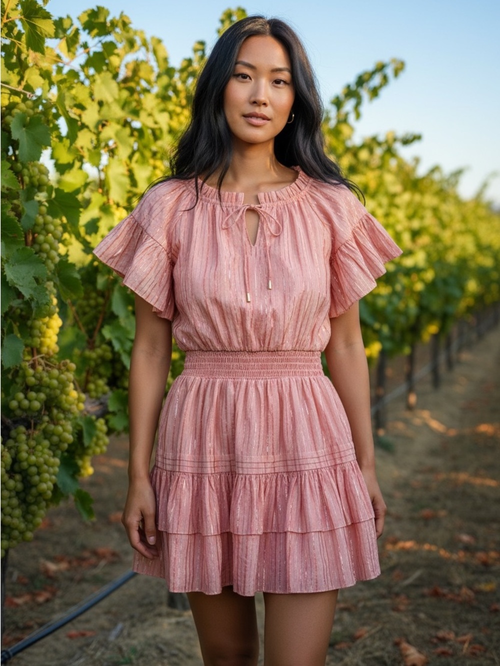 Anna Cate Peach Pink Metallic-Striped Tiered Mini Dress